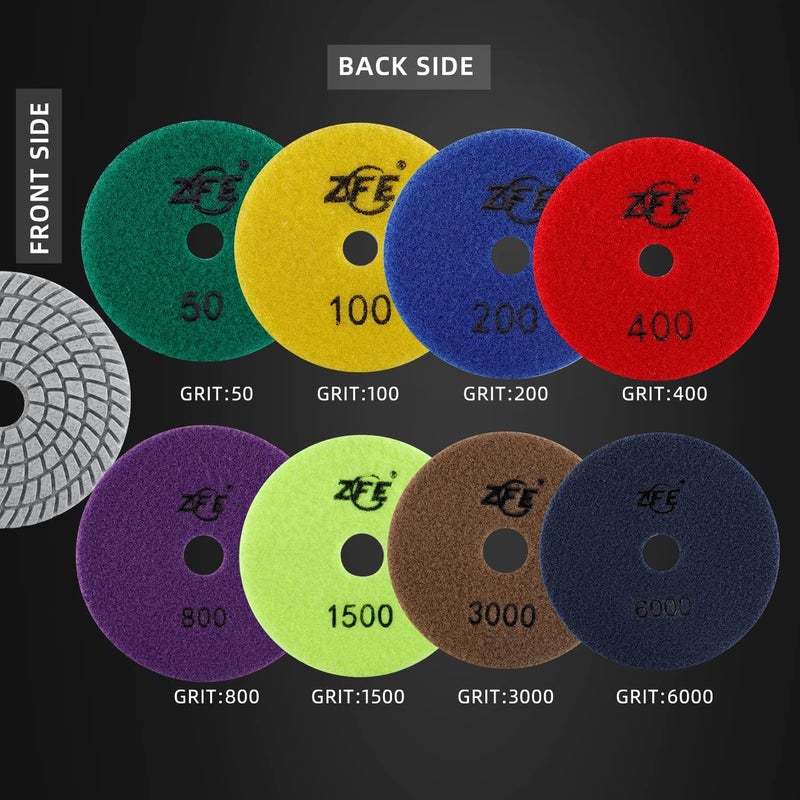 ZFE Diamond Wet Polishing Pads Set, 5 inch 15Pcs Pads for Granite Stone Concrete Marble Floor Grinder or Polisher, 50#-6000# with Hook & Loop Backing Holder Pads for Wet Polisher - Image 3